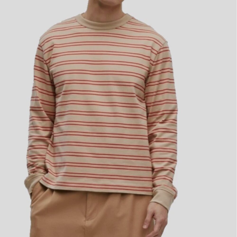 Mode of One Mens Long Sleeve Relaxed Stripe T Shirt Cinnamon Brulee Size M
